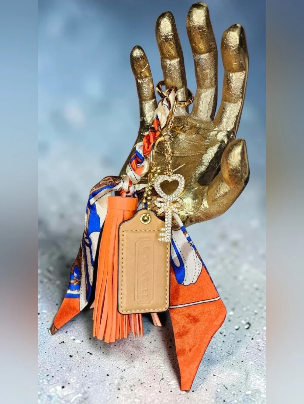 Coach Orange & Blue Scarf Tassel Keychain with Crystal Key & Heart Charm